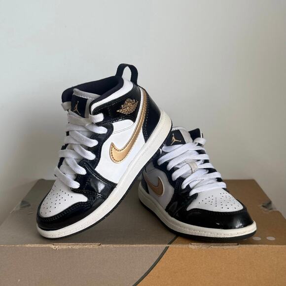Nike Air Jordan 1 Mid Patent Black/White/Gold Toddler Sneakers- SZ 11 C